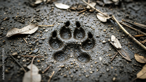 A canine paw print impressed in wet mud on a forest trail. Close-up of a wild animal track. Wildlife and nature conservation concept