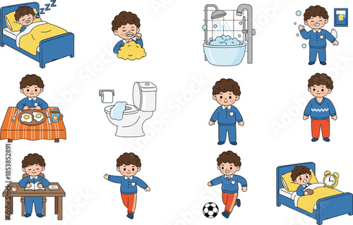 Cartoon child daily routine, morning hygiene, breakfast, school prep, playtime, bedtime, educational sequence, kids activities, lifestyle, healthy habits, schedule