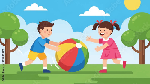 Children Playing With A Beach Ball Outdoors.
