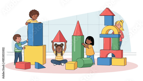 Children Playing with Colorful Building Blocks Indoors.