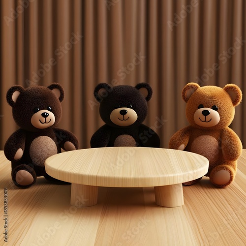 Three teddy bears sitting near wooden table.