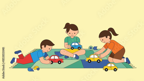 Children Playing with Toy Cars on a Blanket.