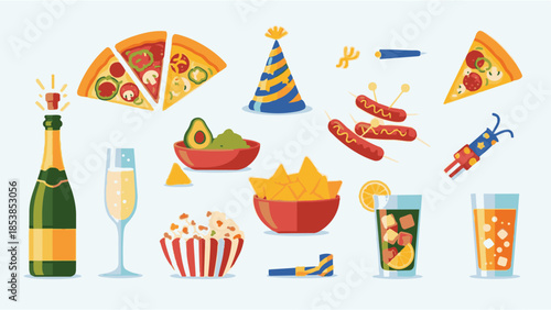 Celebration flat vector set with food, drinks, and party supplies
