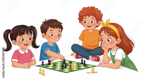Four happy children playing chess together.