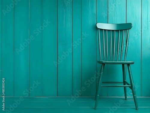 Vintage wooden chair in teal room interior.