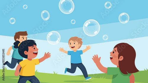 Happy children playing with soap bubbles outdoors in a park.