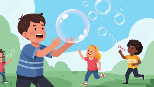 Happy children playing with soap bubbles outdoors in a park.
