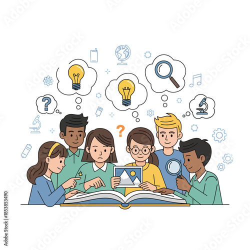 Diverse group of children collaborating on a project around a book.