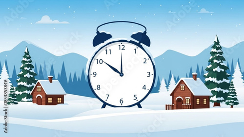 Winter landscape with alarm clock snow-covered houses and trees concept of time for the holidays or cold season