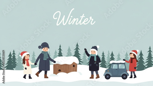Winter scene with children playing in snow featuring a small house and car perfect for holiday and seasonal promotions