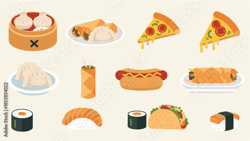 Celebration flat vector set with food, drinks