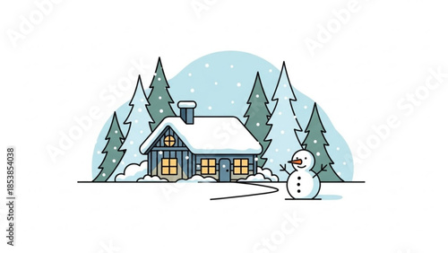 Cozy winter cabin with snowman and snow falling flat vector illustration for holiday greeting cards and seasonal design