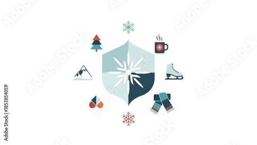 Winter season icons arranged around a shield featuring snowflake ice skate hot drink and scarf perfect for holiday design and weather concepts