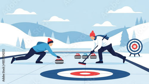 Curling players competing on a frozen rink with winter landscape flat vector illustration for sports and recreation concepts