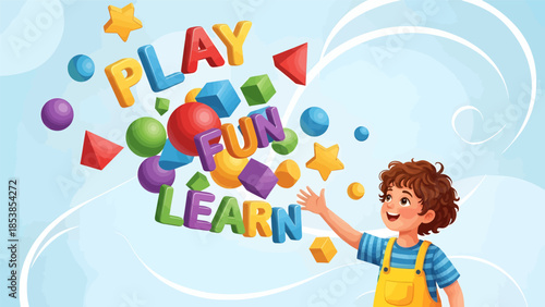 Happy child playing with colorful educational toys and learning letters.