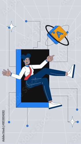 Entering digital library dimension with computer key mixed media vertical animation. Tech user in cyberspace. Virtual immersion animated collage 2D concept 4K video stop motion for social media reels