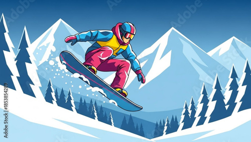 Snowboarder jumping in the air against a backdrop of snowy mountains and pine trees representing winter sports and outdoor adventure