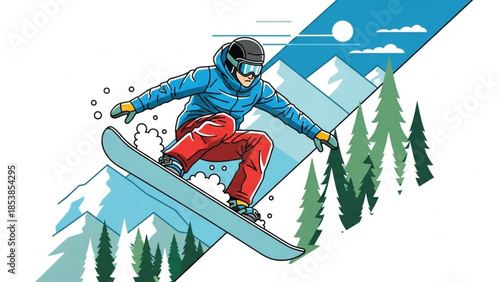 Snowboarder jumping in the air performing a trick with mountains and pine trees in the background winter sport illustration for active lifestyle and adven