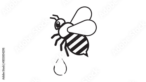 Simple black and white cartoon bee with a nectar drop illustration.