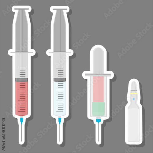 Big colored set different types of syringes, needles for hospital