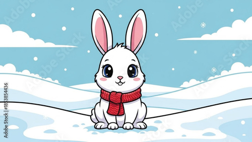 Cute white bunny rabbit wearing a red scarf in a snowy winter landscape cartoon illustration for childrens books and holiday designs