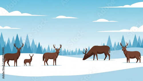 Herd of deer in a snowy forest landscape winter nature scene with pine trees and blue sky flat vector illustration for seasonal concepts