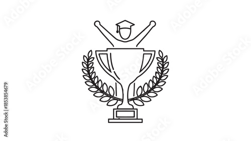 Illustrated trophy with laurel wreath and graduation cap symbolizing achievement and success.