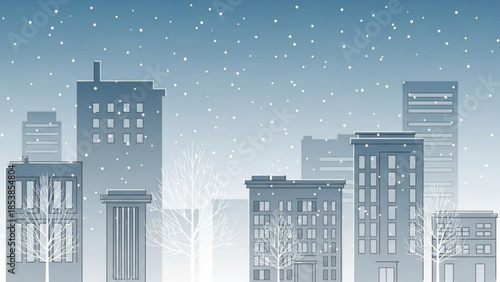 Winter cityscape with falling snow modern city skyline in a muted blue tone perfect for seasonal and weather-related concepts
