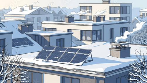 Rooftops covered in snow with solar panels and chimneys emitting smoke a winter scene in a residential area concept for renewable energy and cold weather