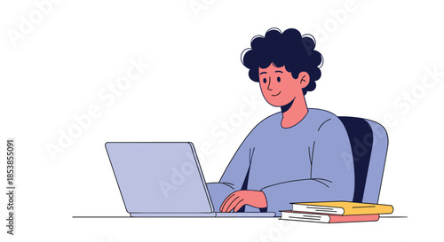 Focused young man with curly hair working diligently on his laptop at a tidy desk with a stack of textbooks.