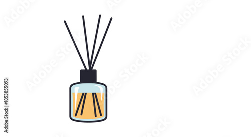 Elegant glass reed diffuser bottle with scented yellow oil and dark wooden sticks for home fragrance and decor.
