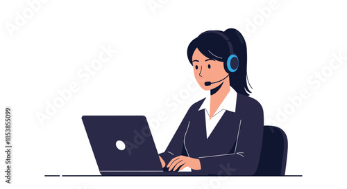 Professional female customer support agent wearing a headset and working on a laptop in a corporate office setting.