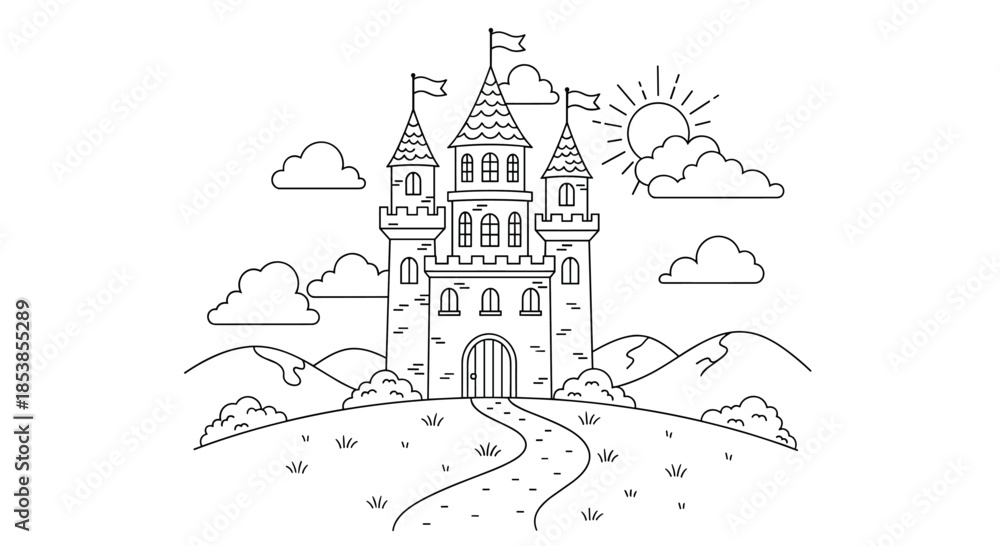 Obraz premium Detailed black and white coloring page for kids featuring a magical fairytale castle with flags clouds a path and a shining sun.