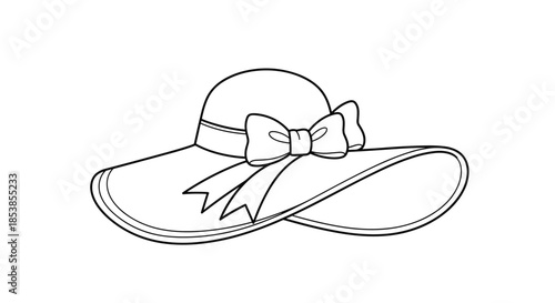 Elegant black and white line drawing of a wide-brimmed sun hat with a decorative bow, ideal for summer accessory themes.