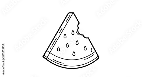 Minimalist black and white line art illustration of a delicious slice of watermelon with a single bite taken out of the top edge.