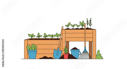 Wooden raised garden beds filled with fresh soil and young green sprouts with essential tools like a shovel and rake for outdoor planting.