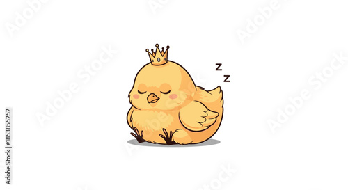 Cute cartoon character of a tiny yellow chick wearing a golden crown while sleeping peacefully with small zzz symbols floating above.