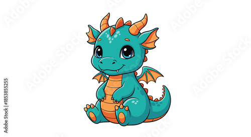 Vibrant and friendly cartoon illustration of a baby dragon with teal scales and orange horns sitting down on a white background.