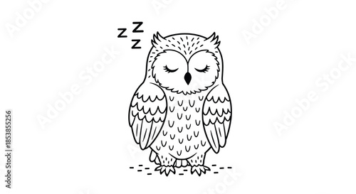Simple black and white line art of a sleeping owl with its eyes closed and soft feathers shown through textured strokes on white.