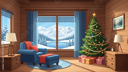 Cozy log cabin interior with decorated Christmas tree and snowy mountain view through the window perfect for holiday season greetings