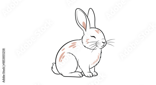 Artistic sketch of a white rabbit sitting gracefully with soft pink spots on its fur and a gentle expression on its face for kids design.