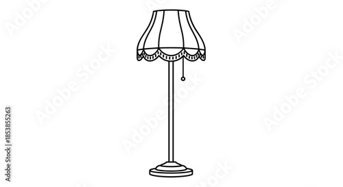 Simple black and white line drawing of a classic floor lamp with a decorative scalloped shade and a pull chain on a plain white background.