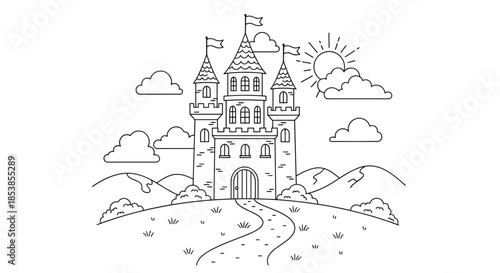 Detailed black and white coloring page for kids featuring a magical fairytale castle with flags clouds a path and a shining sun.
