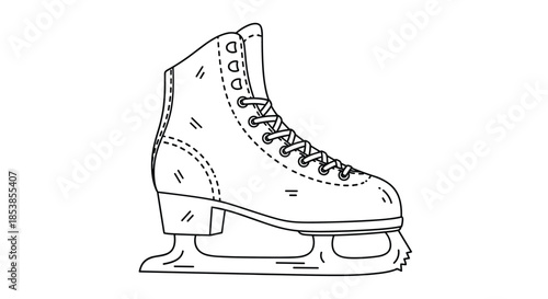 Classic black and white line drawing of an ice skate featuring a high boot with laces and a sharp metal blade for winter sports.