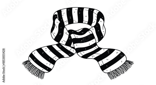 Simple black and white line drawing of a striped winter scarf tied in a neat loop with decorative tassels at both ends.