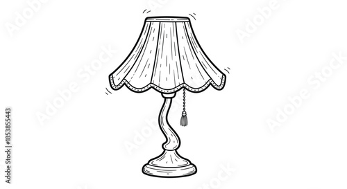 Sketchy black and white line art of a classic table lamp featuring a pleated shade and a decorative pull cord on white background.