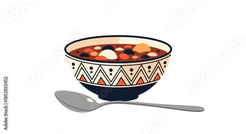 Colorful flat illustration of a ceramic bowl filled with hearty vegetable soup and dumplings served with a metal spoon nearby.