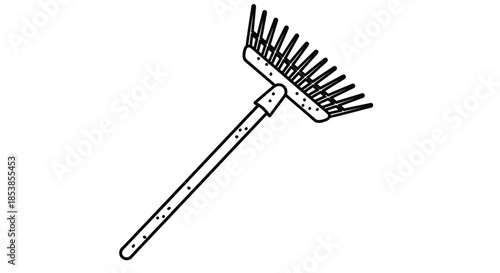 Basic black and white line drawing of a garden rake with a long wooden handle positioned at an angle on a plain white background.