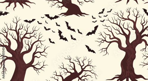 Spooky seamless pattern design featuring dark silhouettes of leafless trees and bats flying in the air for halloween decorations.