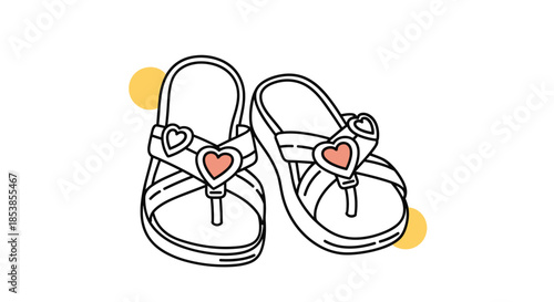 Pair of cute white sandals featuring pink heart decorations and yellow circle accents suitable for beachwear and summer fashion design.